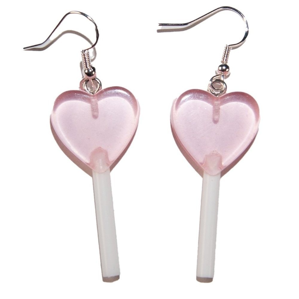 Lollipop Heart Earrings‎ Pink Clear Resin Lightweight Hypoallergenic 925